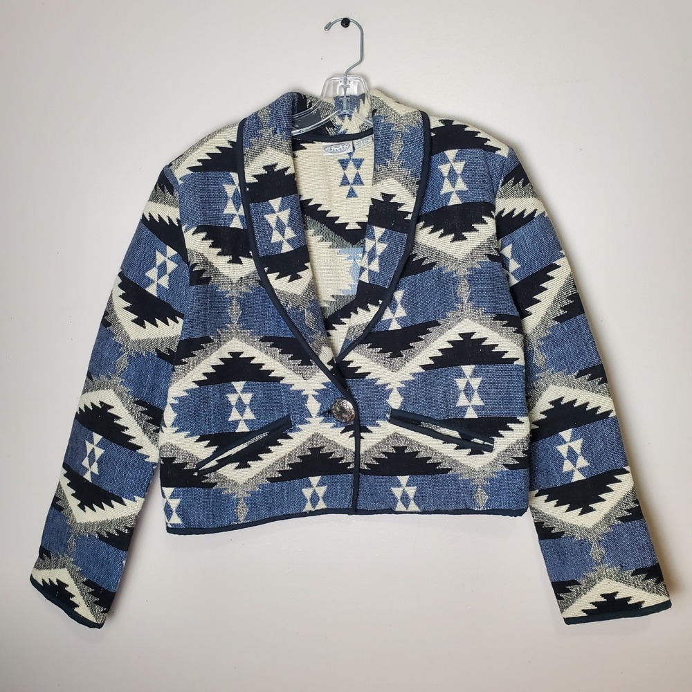 Vintage Y2K 90's Southwestern Aztec Tapestry Jacket Concho Shawl Collar Boxy